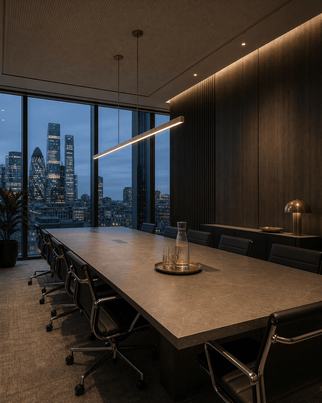Premium London office boardroom with dark-oak panelling and warm linear lighting